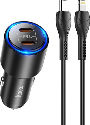 Car Charger Hoco 2xType-C 40W & Cable Type-C to Lightning Black