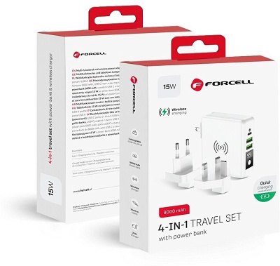 Powerbank 8000mAH Forcell Wireless & Charger 15W 4in1 Type-C/USB White