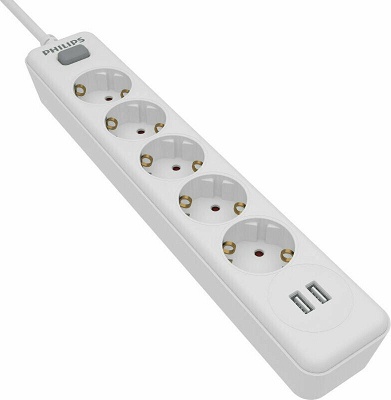 Πολύπριζο 5 Θέσεων με διακόπτη + 2 USB Philips Λευκό